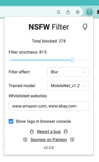 title Screenshot of the new NSFW Filter popup